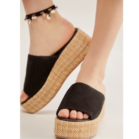 Free People Bohemian Harbor Raffia Flatform Sandals Black 11 Platform Chunky - Picture 3 of 16